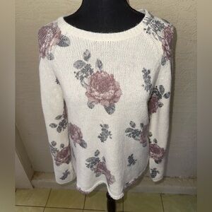 Lucky Brand Women's Valentine’s Floral Crew neck Bell Sleeve Sweater- Medium